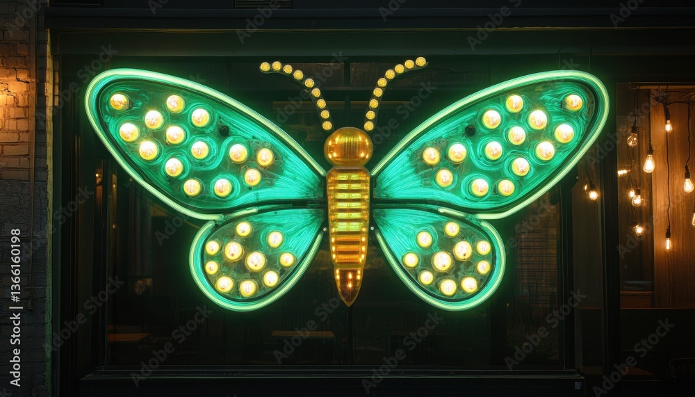 Poster glowing turquoise butterfly with golden accents on window display with warm lighting accenting the f