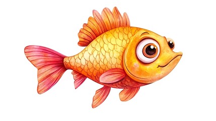 Delightful cartoon fish in watercolor style, isolated on white background, showcasing vivid hues and endearing expressions.
