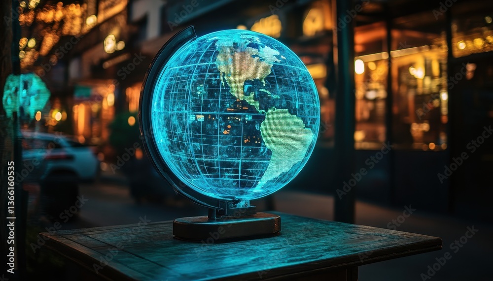 Poster holographic globe displayed on table at night with cityscape background featuring futuristic earth t