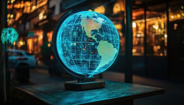 Holographic Globe Displayed on Table at Night with Cityscape Background Featuring Futuristic Earth Technology and Global Communication in Dimly Lit Street Setting