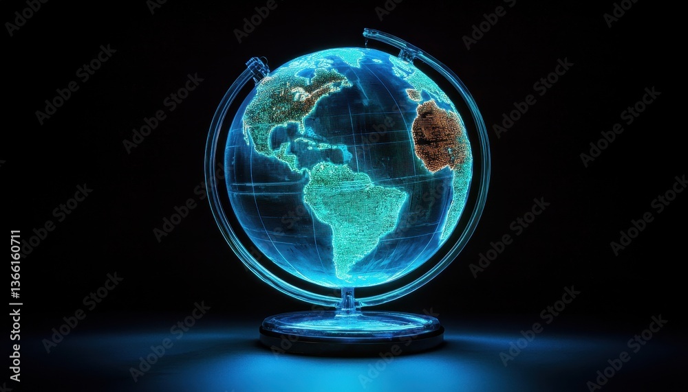 Poster illuminated blue globe against a dark backdrop featuring geographical regions continents oceans and 