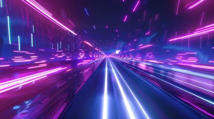 Obraz premium Neon Lights in Abstract Futuristic Cityscape, Creative Visualization of Data Flow