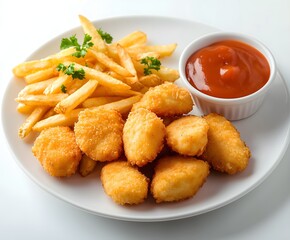 Fototapeta premium Crispy chicken nuggets served with golden fries and dipping sauce for a satisfying meal experience