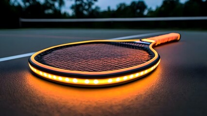 A tennis racket illuminated with orange lights, placed on a court with a blurred background. Concept Tennis Racket Photography, Illuminated Sports Equipment, Blurred Background Effects