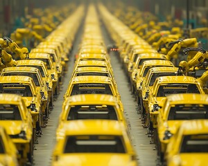 Obraz premium Rows of yellow car bodies on an assembly line factory