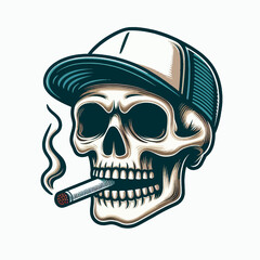 A skull with a cigarette in its mouth and a blue hat on its head