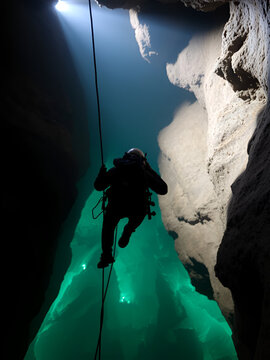 A speleologist descends on cables into a deep cave, the contrast between light and darkness