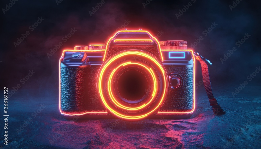 Poster Illuminated Neon Camera Close Up on Dark Surface with Abstract Glowing Lines in Studio Setting Rendering
