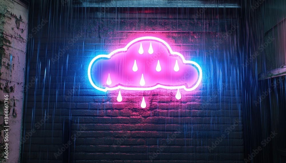 Poster illuminated neon cloud sign displayed on a brick wall with raindrops falling in a dimly lit setting 