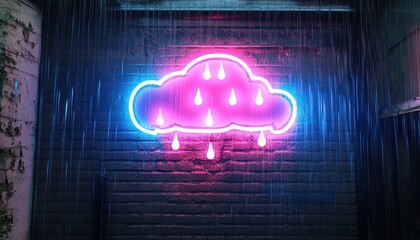 Illuminated Neon Cloud Sign Displayed on a Brick Wall with Raindrops Falling in a Dimly Lit Setting Featuring a Pink and Blue Palette