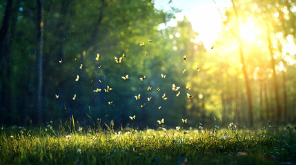 Fototapeta premium Bees Flying In Sunny Forest Meadow
