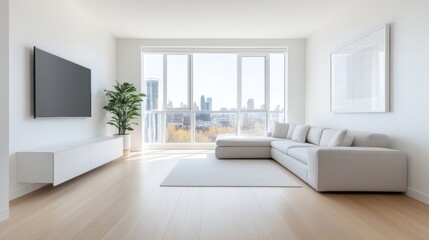 Fototapeta premium Modern, bright living room with city views