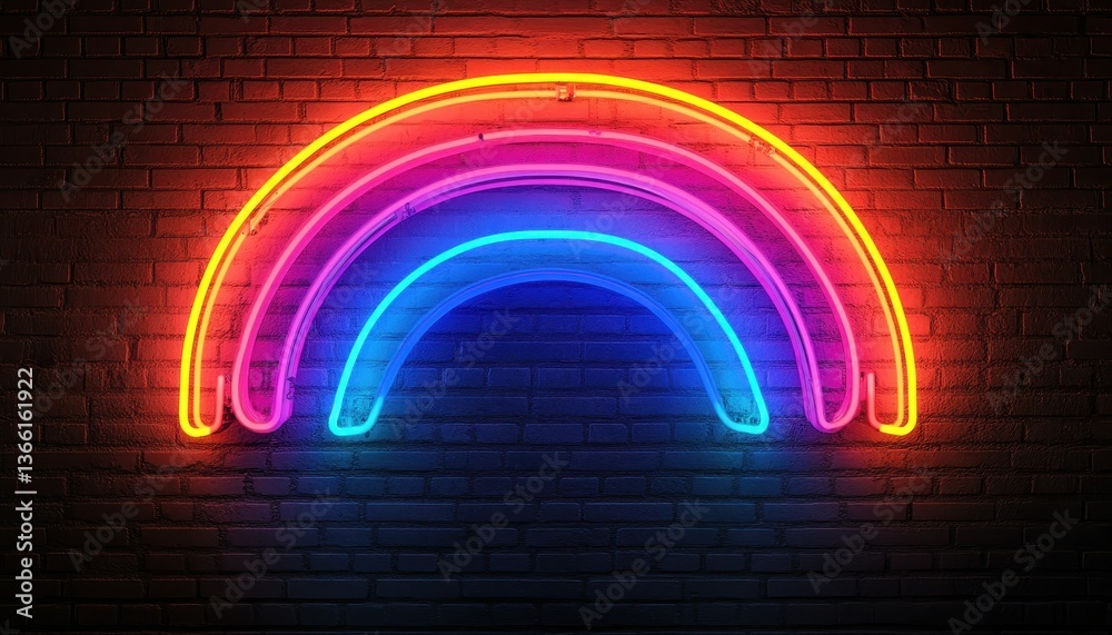 Poster illuminated neon rainbow on dark brick wall displaying vibrant colors and modern design with artisti