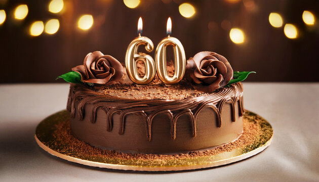 A chocolate birthday cake, adorned with rose-shaped cream decorations and a dripping chocolate glaze, sits against a bokeh light background with the number 60 candles glowing on top