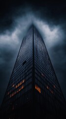 Skyscraper Piercing Through a Dramatic, Overcast Sky at Twilight