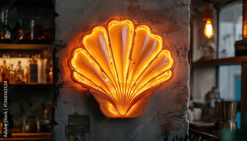 Poster illuminated seashell neon sign on textured wall in interior space creates warm lighting with shelves