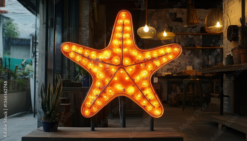 Aufkleber Illuminated Starfish Decoration with Warm Light in Indoor Setting Against a Rustic Wall Background Creating a Festive and Inviting Atmosphere in a Cafe or Restaurant