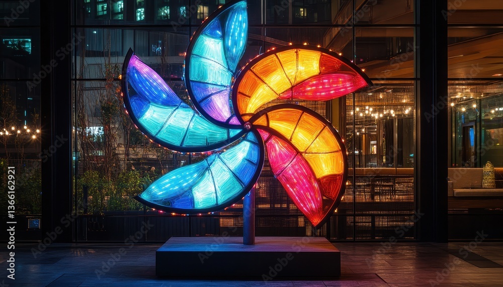 Poster illuminated windmill decoration with blue yellow and red petals against night cityscape with shiny r