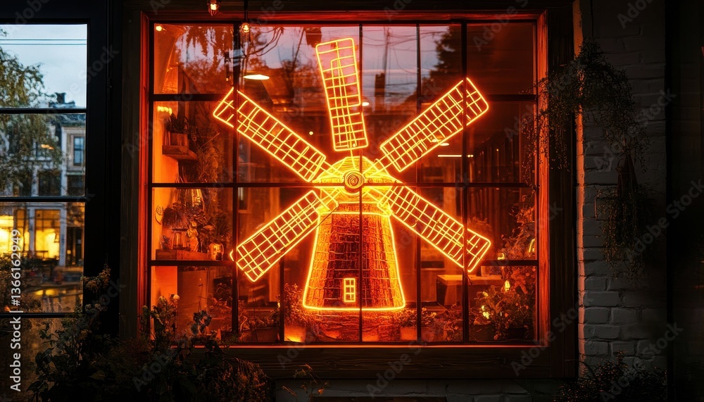 Poster illuminated windmill silhouette glowing brightly in a large window at night reflecting urban buildin