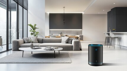 An AI powered virtual assistant managing real time home automation in a modern smart home, stylish living room with real-time device control and voice interaction, Smart technology style
