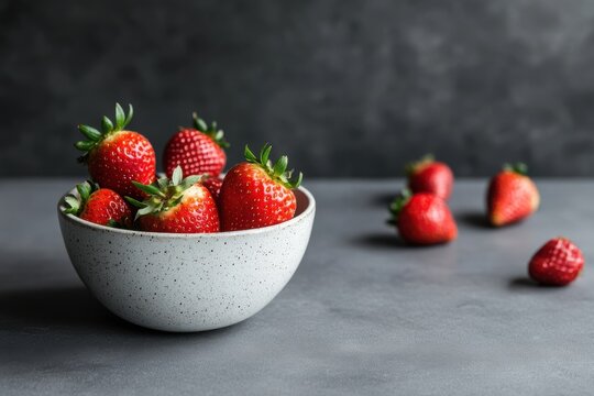 A ceramic bowl filled with fresh strawberries on a dark background, food photography