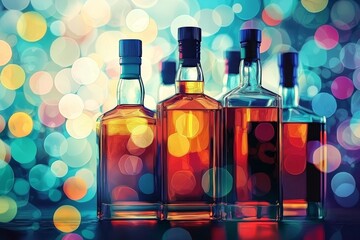 Vibrant alcohol bottles captured in stunning bokeh effects. 