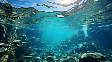 Fototapeta premium Underwater Serenity: Sunlit Rocks and Crystal Clear Water