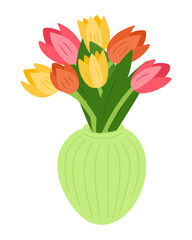 A bouquet of colorful tulips in a green vase, symbolizing spring and freshness. A bright hand-drawn vector illustration, perfect for floral designs, greeting cards, and seasonal decoration