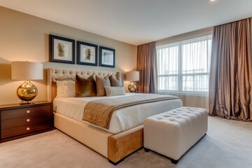 Luxurious Bedroom Interior with Golden Accents Neutral Color Palette Tufted Headboard Bench and Elegant Curtains Soft Lighting from Lamps and Natural Daylight Streaming Through the Window