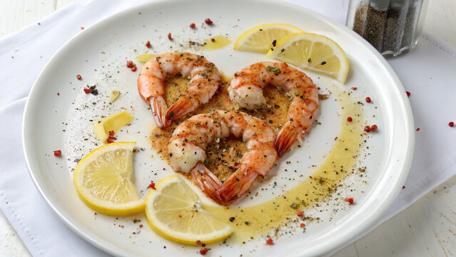 Shrimp with spices, on a white background, in a white plate