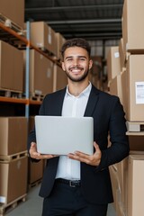 A man in a suit holding a laptop in a warehouse. He is smiling and he is happy
