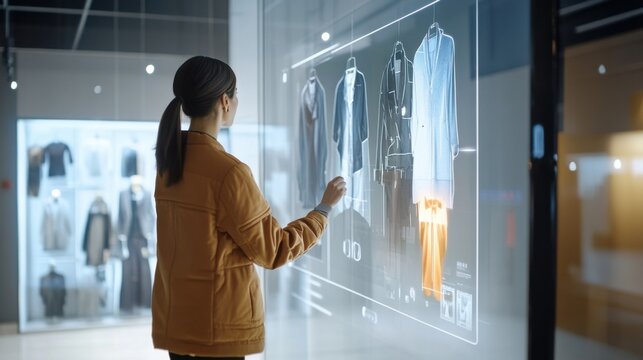 An AI powered virtual fitting room helping customers try on clothes digitally using augmented reality, Fashion technology style, photo of