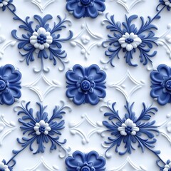 Elegant seamless floral pattern in blue and white with intricate designs