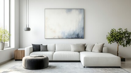 Modern Living Room Interior with White Sofa and Abstract Art Warm Lighting Natural Light White Walls Grey Cushions Round Ottoman Black and White Pattern Carpet