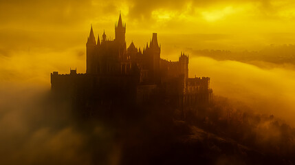 Fototapeta premium Castle landscape fantasy architecture medieval gothic fog golden hour scenic wallpaper background 