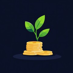 Growing Investment: A symbolic representation of financial growth with a vibrant plant emerging from a stack of golden coins, set against a deep, elegant background. 