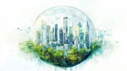 Fototapeta premium Watercolor Urban Greenery in a Bubble Surrounded by Futuristic Cityscape