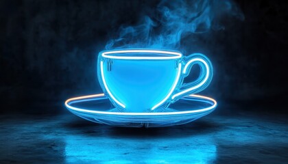 Neon Blue Steaming Coffee Cup on Dark Surface Creates Glowing Effect with Abstract Design and Vapor Clouds