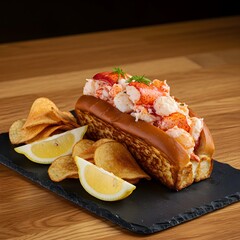  "Maine Lobster Roll with Lemon Wedges on a Black Slate Plate"