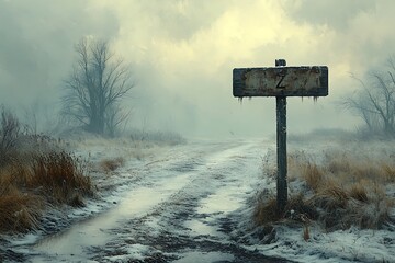 Foggy Landscape with a Weathered 'Z' Sign and Muddy Road

