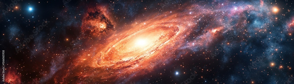 Poster panoramic view of a spiral galaxy glowing with orange and blue hues amidst a starry night sky creati