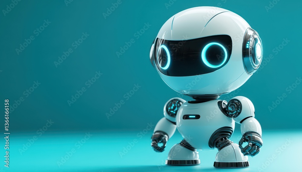 Poster playful robot character with glowing eyes on teal backdrop smooth lighting and shiny metal accents
