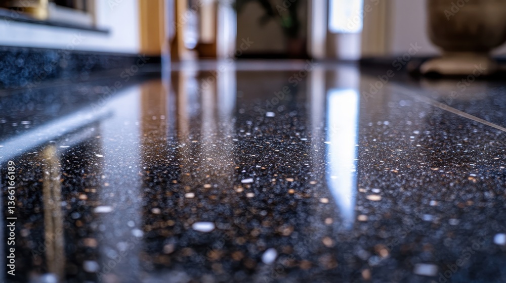 Aufkleber polished black granite floor with speckled texture in interior design with blurred background shiny 