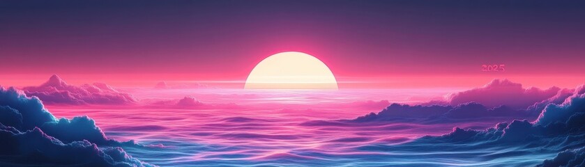 Obraz premium Pixel Art Sunset Over Ocean with Vibrant Purple and Pink Sky Reflecting on Water and Distant Mountains Depicting Retro Aesthetic