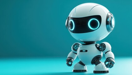 Playful Robot Character With Glowing Eyes on Teal Backdrop Smooth Lighting and Shiny Metal Accents