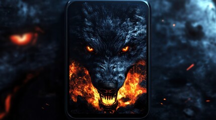 Fiery wolf phone wallpaper, dark background, fantasy art
