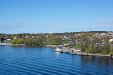 Sweden's picturesque rugged coastline near Stockholm, ferry traffic