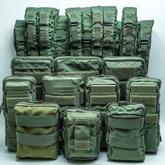 Fototapeta premium Tactical gear organizer in olive green for efficient outdoor adventure packing