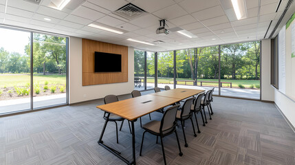Obraz premium Bright Modern Conference Room Interior With Wooden Table and Gray Chairs Next to Large Windows With Green Trees Outside