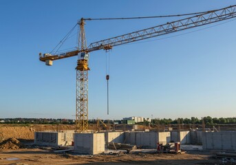 Tower crane against clear blue sky for infrastructure development projects, foundations under building construction for real estate, civil engineering concept